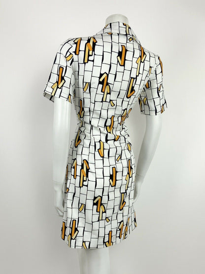 VINTAGE 60s 70s WHITE YELLOW BLUE CREAM GEOMETRIC WING COLLAR SHIRT DRESS 10 12