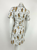 VINTAGE 60s 70s WHITE YELLOW BLUE CREAM GEOMETRIC WING COLLAR SHIRT DRESS 10 12