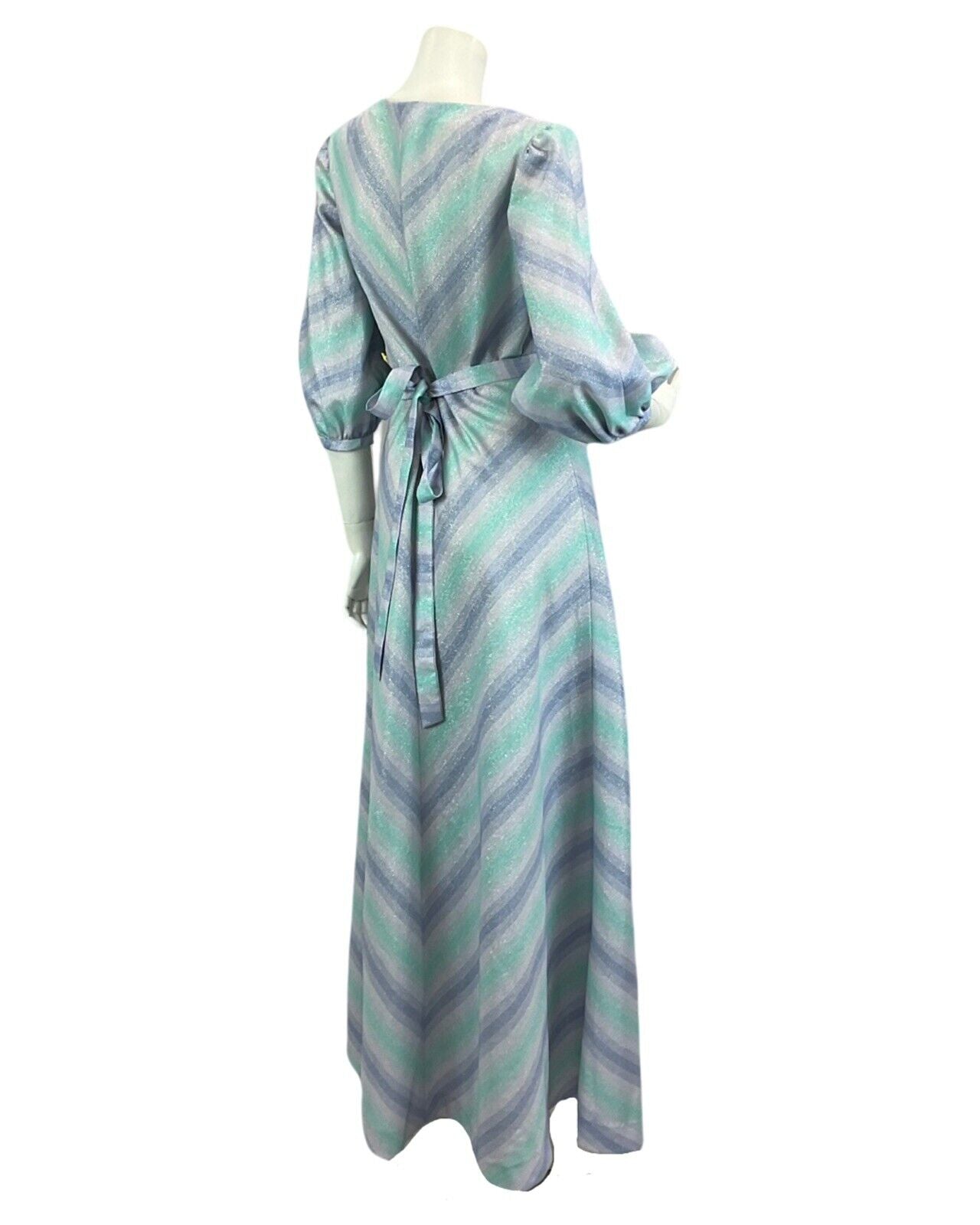 VINTAGE 60s 70s BLUE LILAC SILVER ABSTRACT PRINT BOHO DISCO PARTY  MAXI DRESS 12