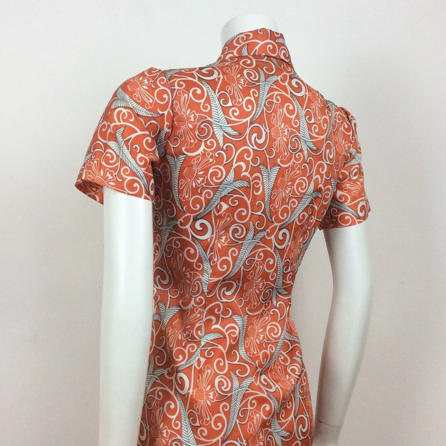 AMAZING ORANGE RED BLACK WHITE FLORAL PRINT 60S 70S DAGGER COLLAR DRESS 10 12