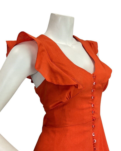 VINTAGE 60s 70s BRIGHT ORANGE BOHO MOD RUFFLED SLEEVELESS MAXI DRESS 8 10