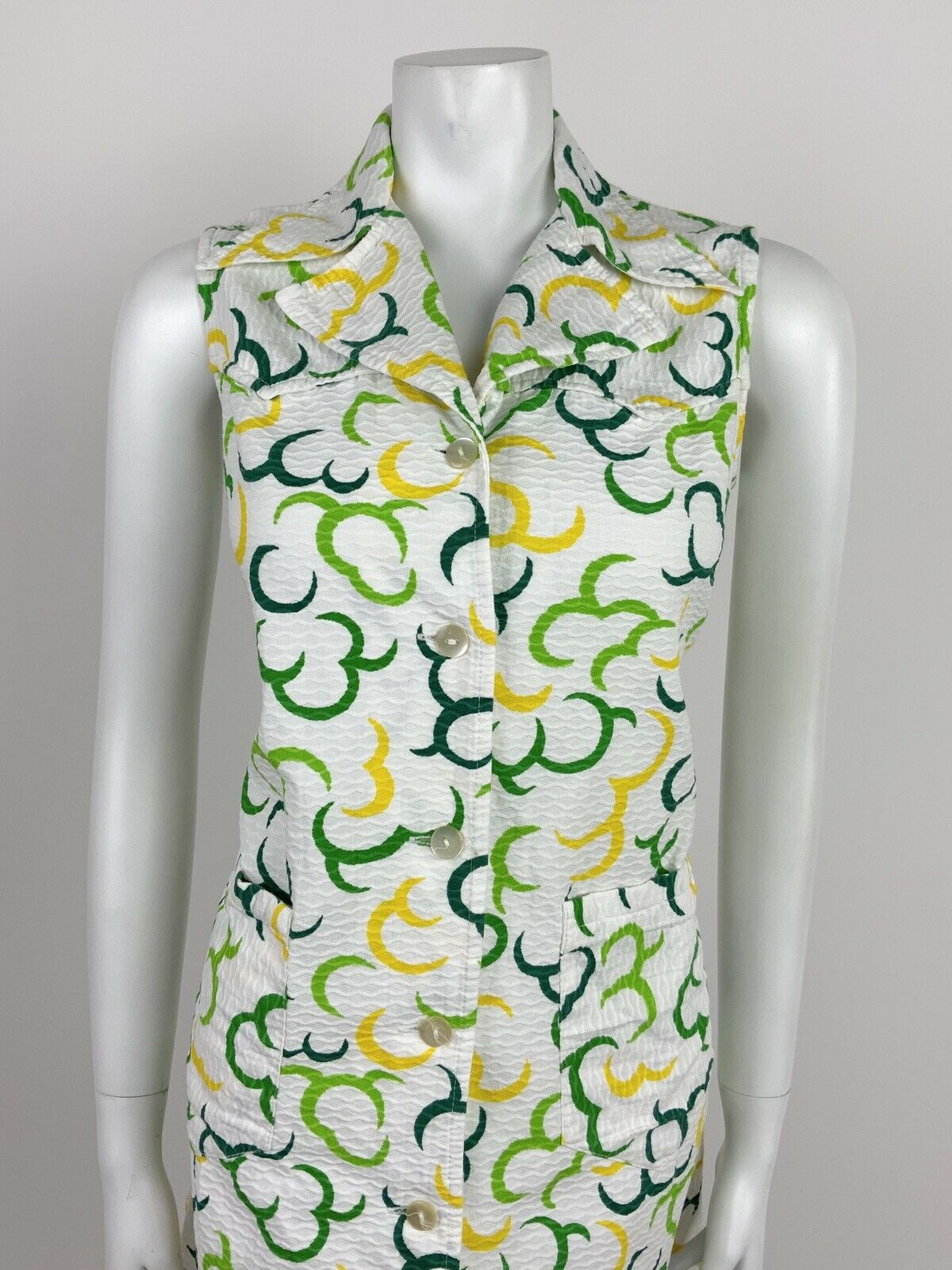 VINTAGE 60s 70s WHITE LIME FOREST GREEN YELLOW CRESCENT MOON COLLAR DRESS 12 14