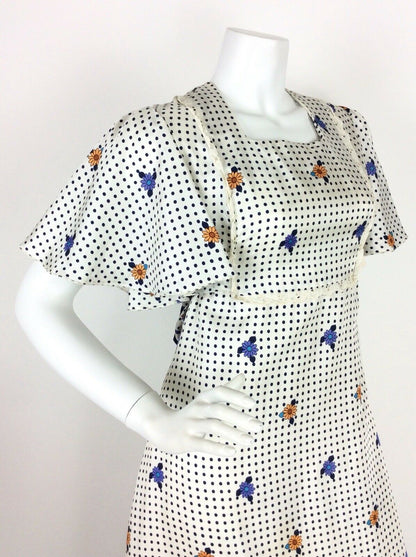 VINTAGE 60s 70s FLORAL POLKA DOT MAXI DRESS WHITE BLUE BLACK DITSY 10 12