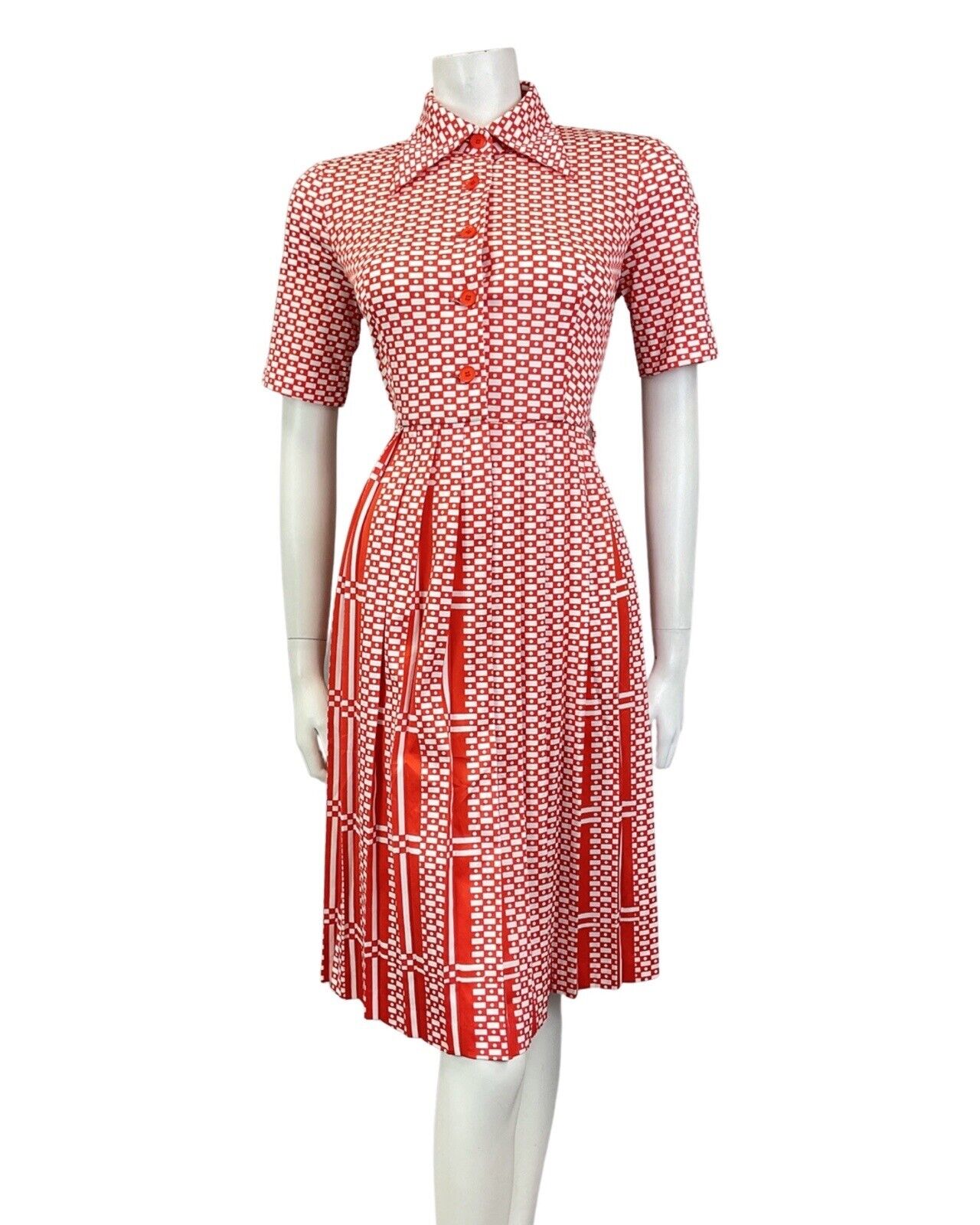 VINTAGE 60s 70s RED WHITE GEOMETRIC CHECKED MOD DAGGER COLLAR SHIRT DRESS 12 14