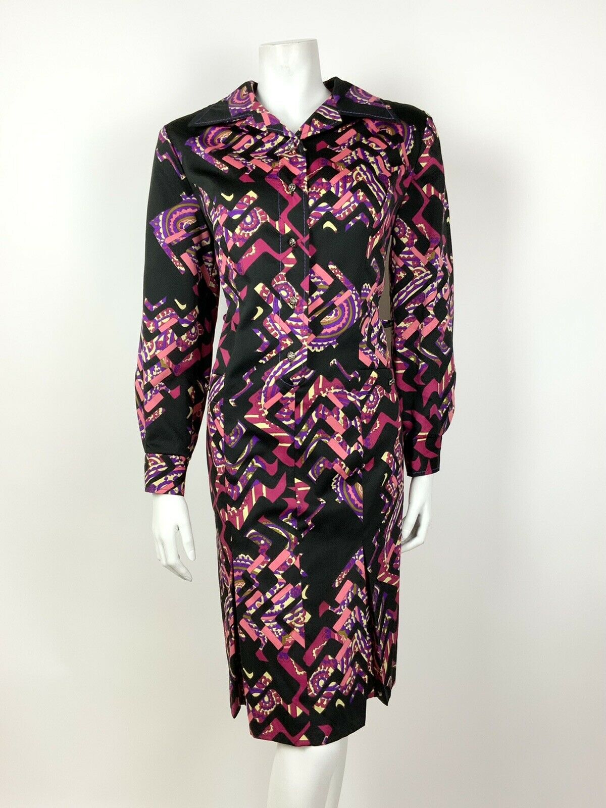 VINTAGE 60s 70s BLACK PINK PURPLE PAISLEY ZIGZAG PSYCHEDELIC SHIRT DRESS 12 14