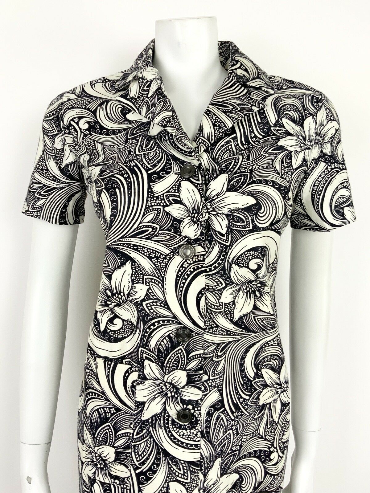 VINTAGE 60s 70s BLACK WHITE FLORAL HAWAIIAN SWIRL HIBISCUS SHIRT DRESS 10 12