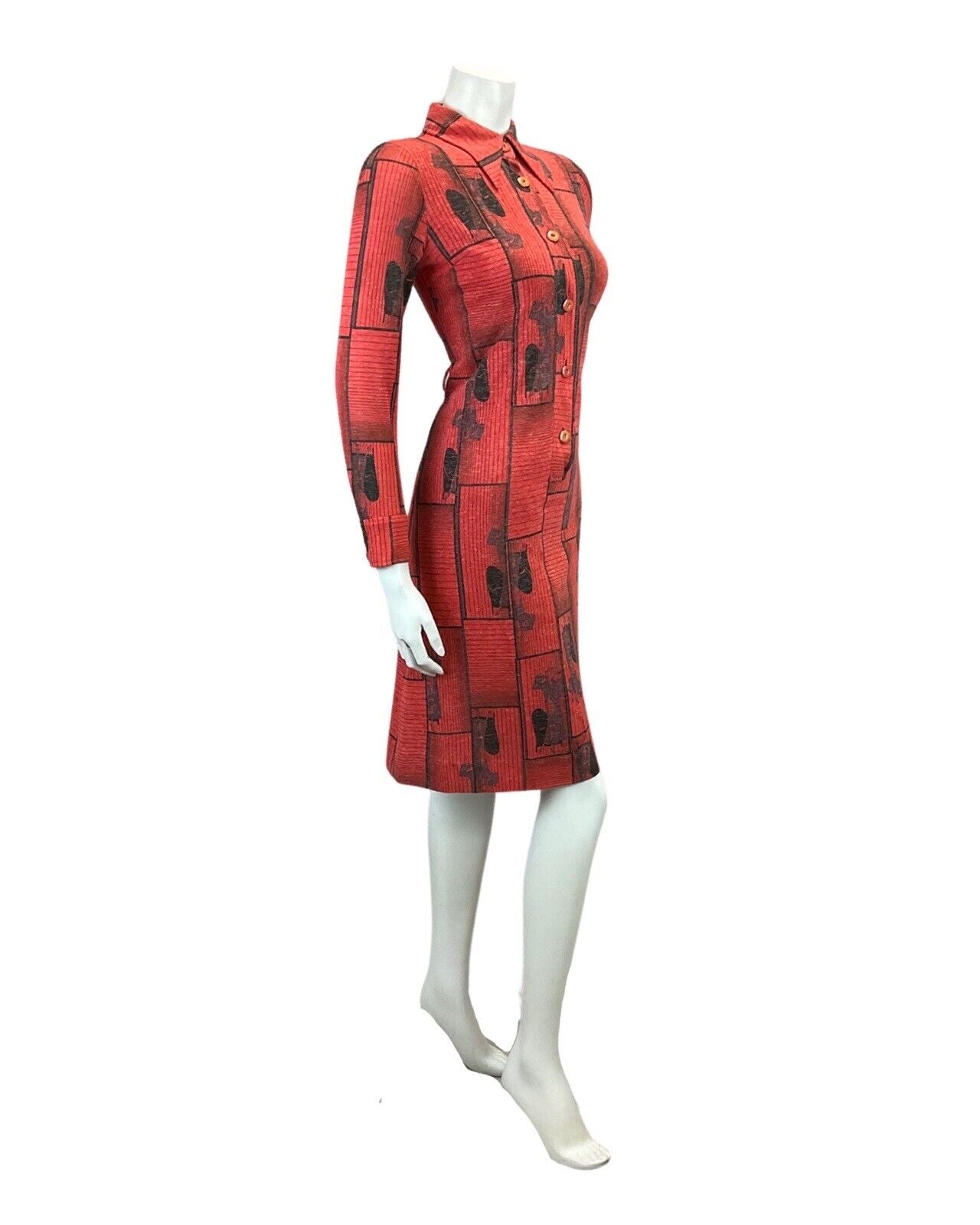 VINTAGE 60s 70s RED BLACK ART DECO PRINT DAGGAR COLLAR MOD MIDI DRESS 10 12