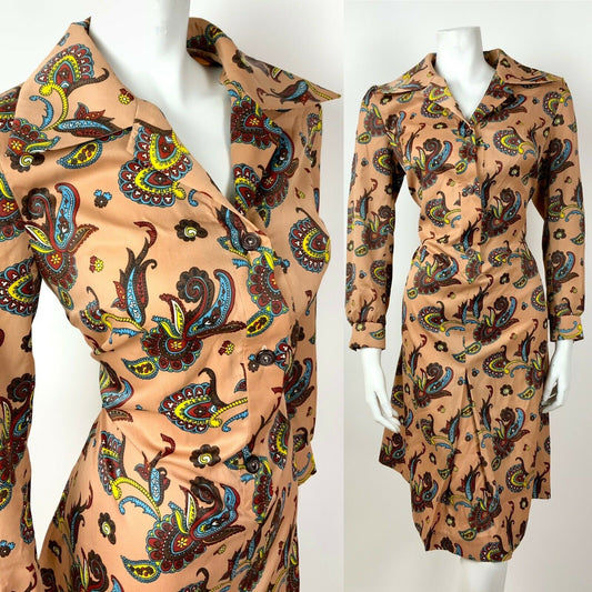 VINTAGE 60s 70s PEACH BLUE RED YELLOW FLORAL PAISLEY DAGGER SHIRT SHIFT DRESS 12