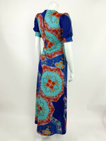 VTG 60s 70s BLUE TEAL LILAC RED ORANGE GYPSY FOLK FLORAL PSYCH  MAXI DRESS 12