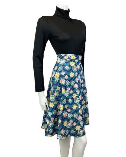 VINTAGE 60s 70s GREEN BLUE YELLOW GEOMETRIC FLORAL MANDALA SWING SKIRT 10 12