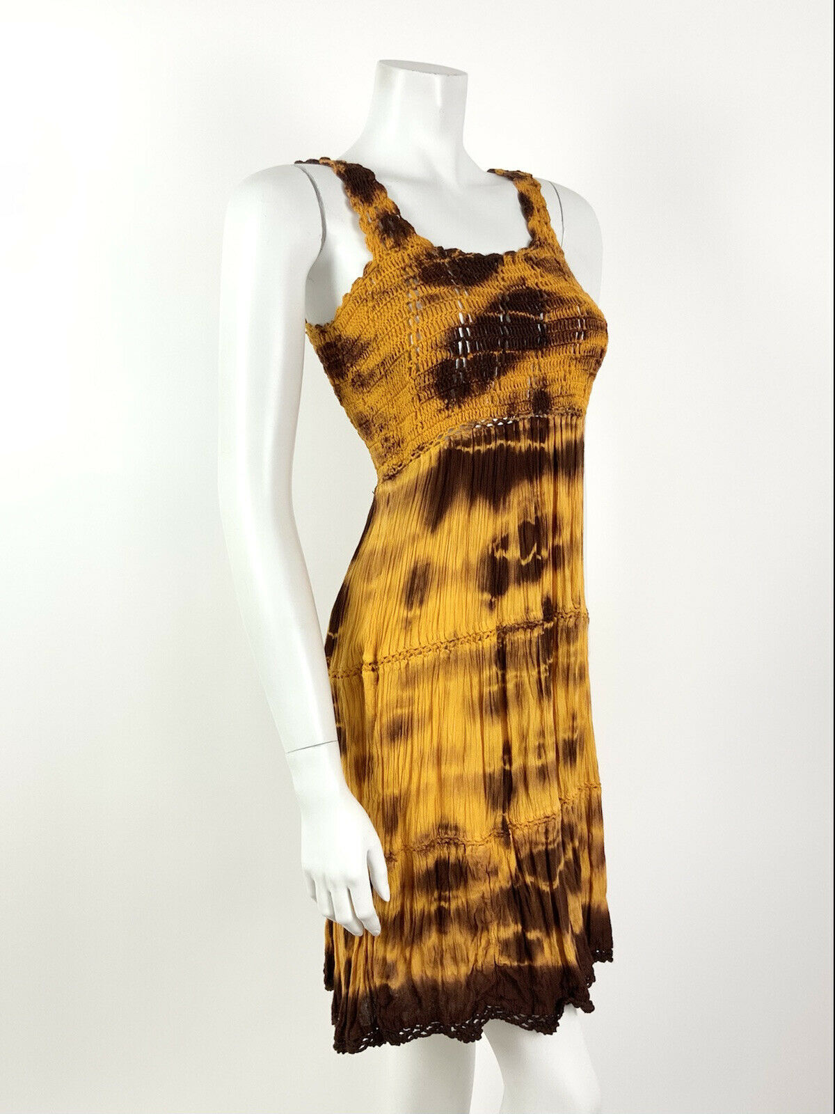 VINTAGE 60s 70s YELLOW BROWN CROCHETED TIE-DYE SUMMER SLEEVELESS BOHO DRESS 8