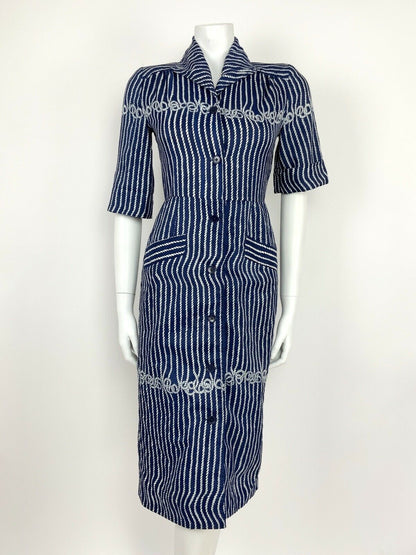 VINTAGE 60s 70s NAVY BLUE WHITE ROPE KNOT SHIRT WAIST DRESS 8 10