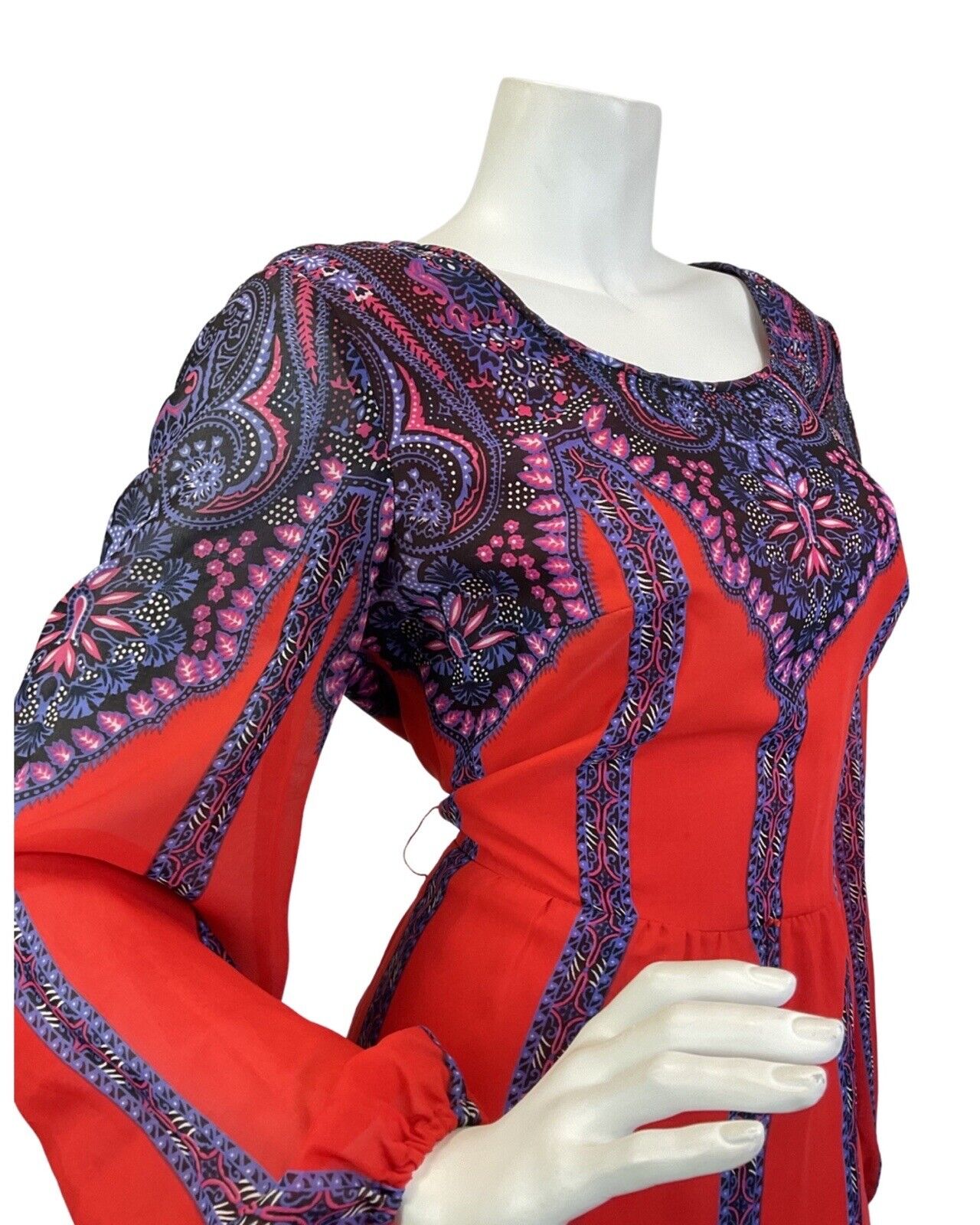 VINTAGE 60s 70s RED PURPLE BLACK FLORAL MANDALA BOHO FOLK MAXI DRESS 14