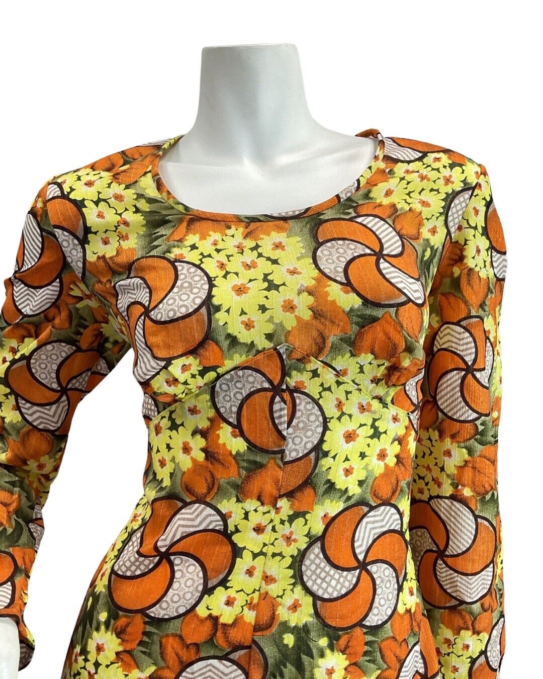 VINTAGE 60s 70s ORANGE YELLOW GREEN PSYCHEDELIC FLORAL SPIRAL MOD MAXI DRESS 12