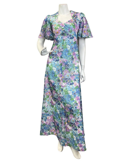 VINTAGE 60s 70s BLUE PURPLE WHITE FLORAL DAISY RUFFLED PRAIRIE MAXI DRESS 12