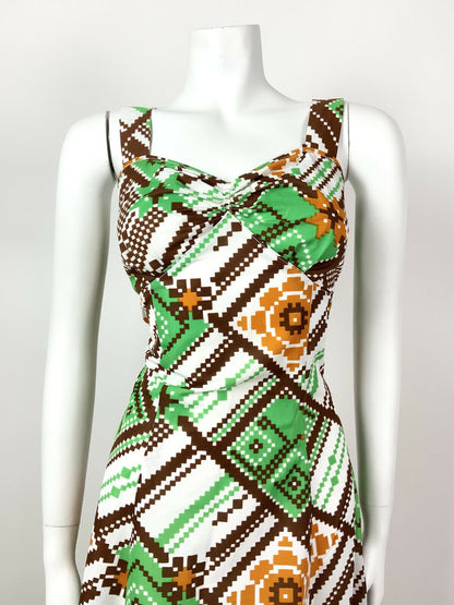 VTG 60s 70s WHITE BROWN ORANGE GREEN PIXEL GEOMETRIC CHECKED MAXI DRESS 12 14