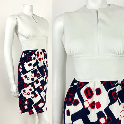 VINTAGE 60s 70s WHITE BLUE RED GEOMETRIC SQUARE MOD SLEEVELESS DRESS 8 10