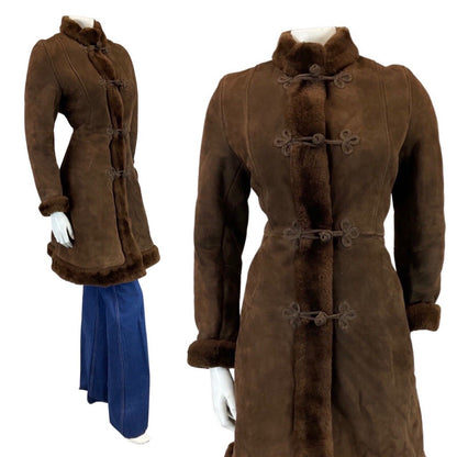 VINTAGE 60s 70s DARK BROWN ZHIVAGO BROCADE SUEDE SHEARLING MID-LENGTH COAT 10