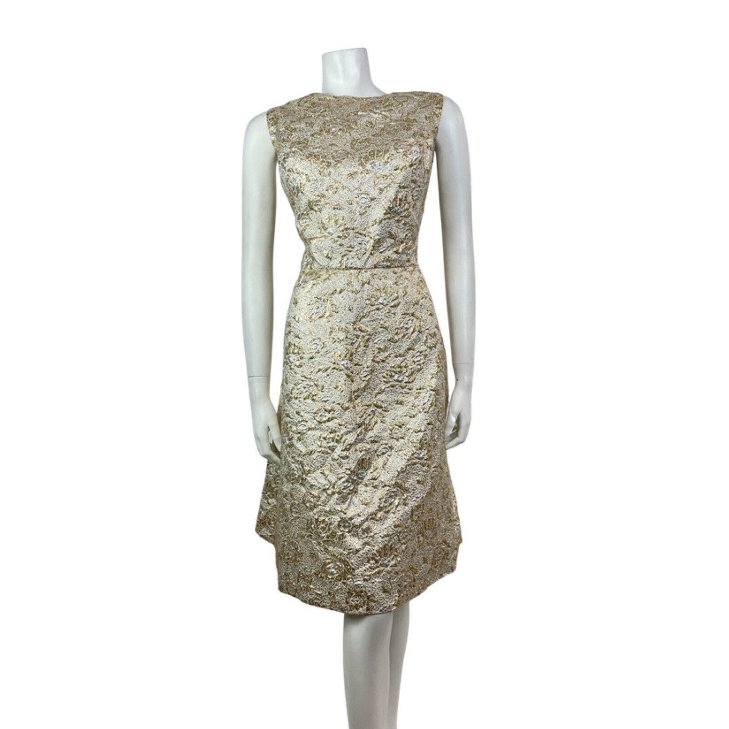 VINTAGE 60s 70s METALLIC GOLD SILVER CREAM LUREX FLORAL PARTY GLAM TEA DRESS 14