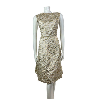 VINTAGE 60s 70s METALLIC GOLD SILVER CREAM LUREX FLORAL PARTY GLAM TEA DRESS 14