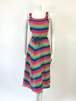 VTG 60s 70s GREEN BLUE RED RAINBOW STRIPED STRAPPY APRON SUMMER SUN DRESS 6 8