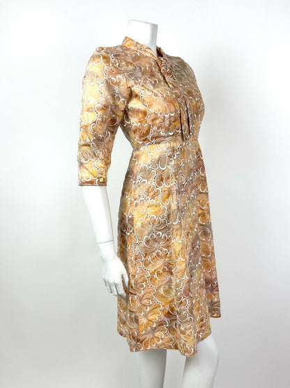 VINTAGE 60s 70s ORANGE BROWN WHITE EMBROIDERED ANGLAISE SWIRL BOW DRESS 8