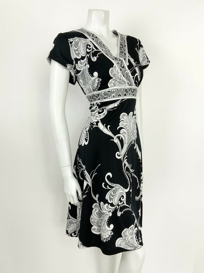 VINTAGE 60s 70s BLACK WHITE FLORAL GRECIAN PAISLEY WRAP DRESS 12 14