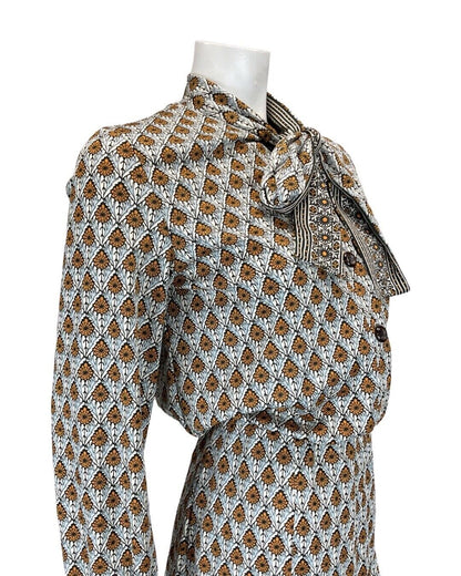 VINTAGE 60s 70s GREY ORANGE GEOMETRIC FLORAL PUSSYBOW BLOUSON SHIRT DRESS 8