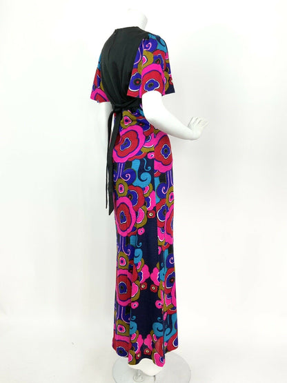 VTG 60s 70s BLUE BLACK PINK GOLD RED PSYCHEDELIC FLORAL SWIRL MAXI DRESS 8 10