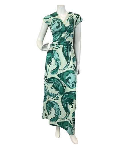 VINTAGE 60s 70s GREEN MINT PSYCHEDELIC SWIRL SLEEVELESS MAXI DRESS 8