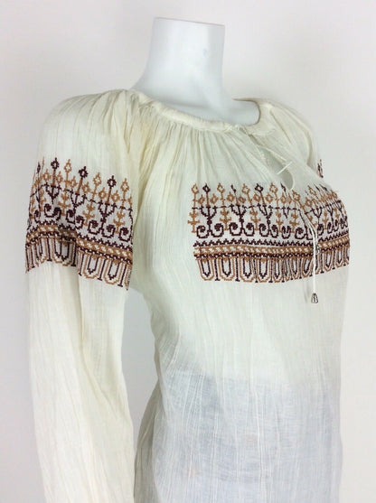 VINTAGE 60s 70s ETHNIC PEASANT TOP WHITE CREAM RED BROWN HIPPY 12 14