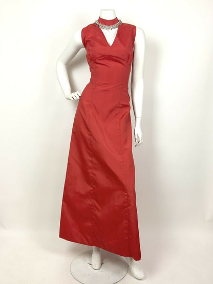 VINTAGE 60s 70s RED PEARL DISCO BALL DIAMANTE BEADED CUT-OUT MAXI DRESS 10