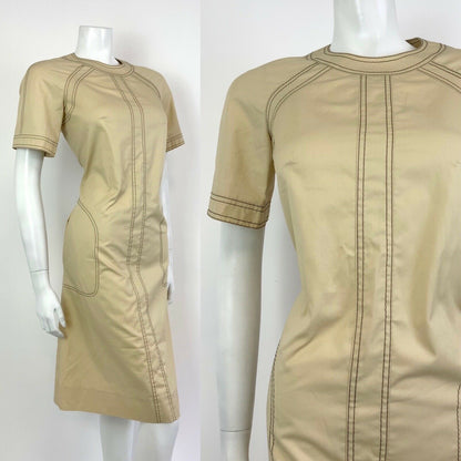 VINTAGE 60s 70s CREAM BEIGE BROWN MOD MIDI DRESS 10 12