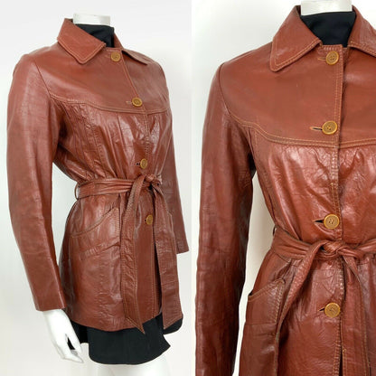 VINTAGE 60s 70s BROWN RED BELTED MOD LEATHER JACKET 12 14