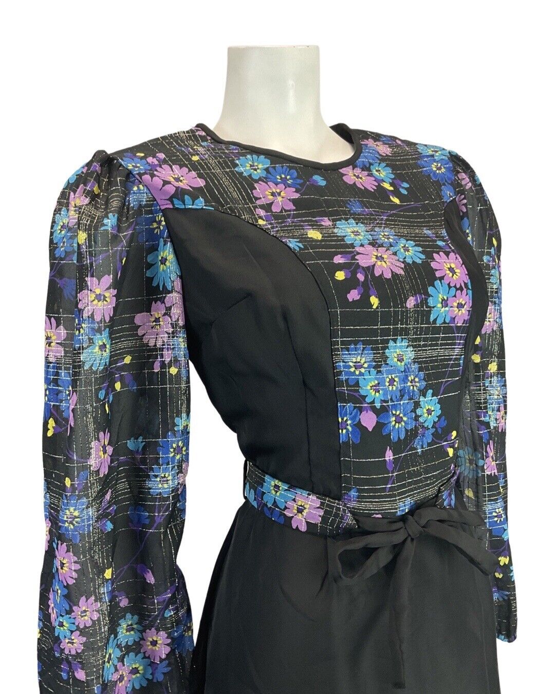 VINTAGE 60s 70s BLACK BLUE PINK DAISY FLOWER GRID SHEER BOHO MIDI DRESS 10