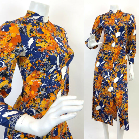 VINTAGE 60s 70s BLUE ORANGE YELLOW PSYCHEDELIC FLORAL DOTTY MOD MIDI DRESS 8