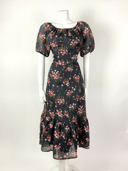 VINTAGE 60s 70s BLACK PINK RED FLORAL GERBERA PUFF SLEEVE SHEER MIDI DRESS 14 16