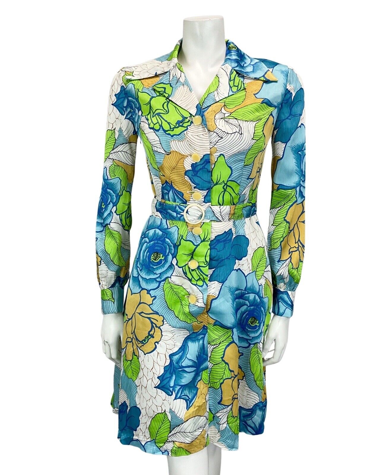 VINTAGE 60S 70S WHITE BLUE GREEN YELLOW FLORAL PRINT BOHO MOD MINI DRESS 10 12