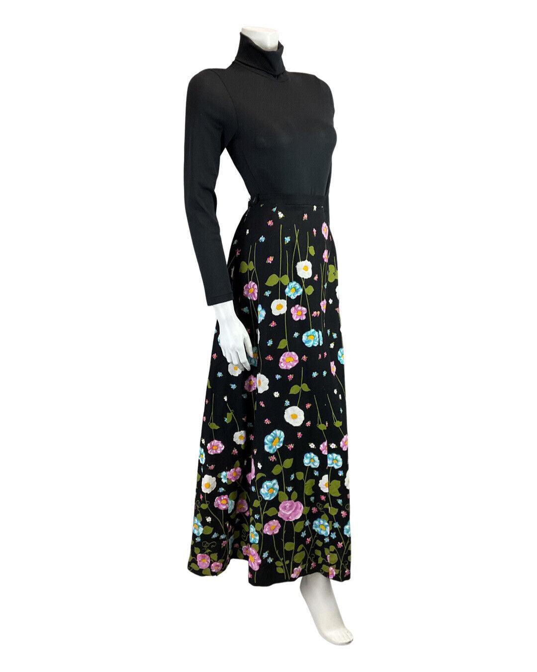 VINTAGE 60s 70s BLACK PINK BLUE FLORAL MOD DAISY ROSE MAXI SKIRT 8 10