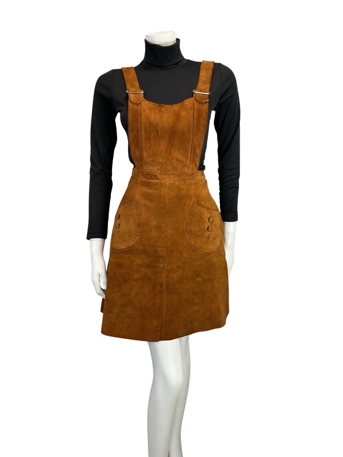 VINTAGE 60s 70s BROWN SUEDE PINAFORE BOHO MOD APRON DRESS 12