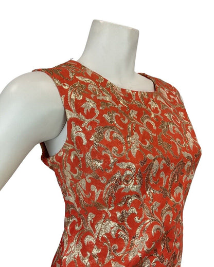 VINTAGE 60s 70s ORANGE GOLD FLORAL SWIRLING BROCADE MOD SLEEVELESS MAXI DRESS 12