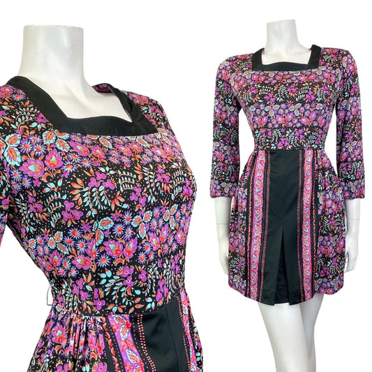 VINTAGE 60s 70s PURPLE BLUE BLACK FLORAL BOHO FOLK SUMMER MINI DRESS 10