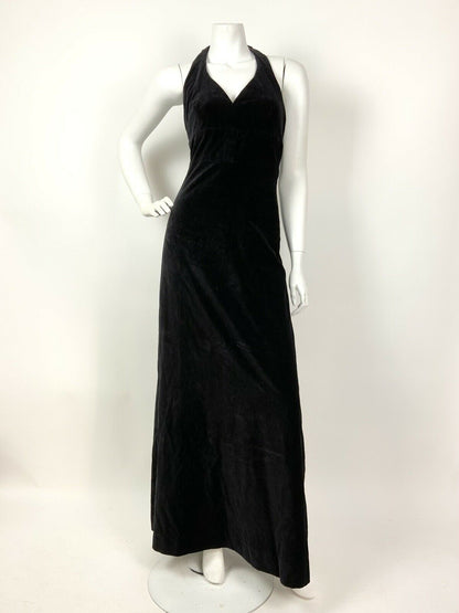 VINTAGE 60s 70s BLACK VELVET BOW GLAM STUDIO 54 HALTER-NECK MAXI DRESS 6