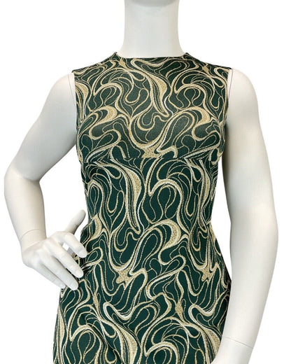 VINTAGE 60s 70s GREEN GOLD WHITE SWIRLING STUDIO 54 SLEEVELESS MAXI DRESS 14 16