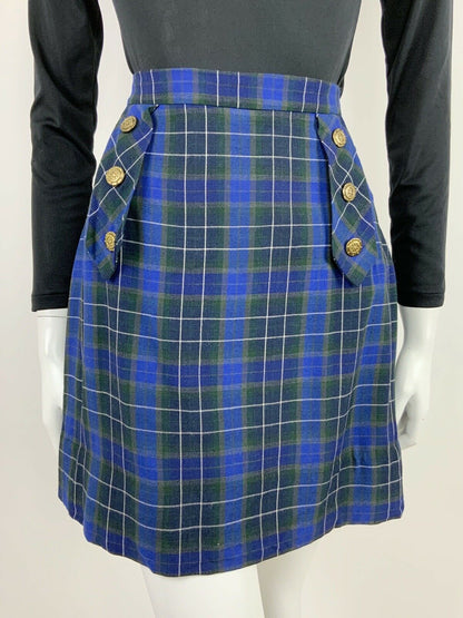 VINTAGE 60s 70s BLUE GREEN WHITE TARTAN PLAID NAUTICAL A-LINE SHORT SKIRT 10