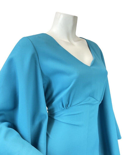 VINTAGE 60s 70s BRIGHT BLUE FLARED SLEEVE ELEGANT GOWN MAXI DRESS 8 10