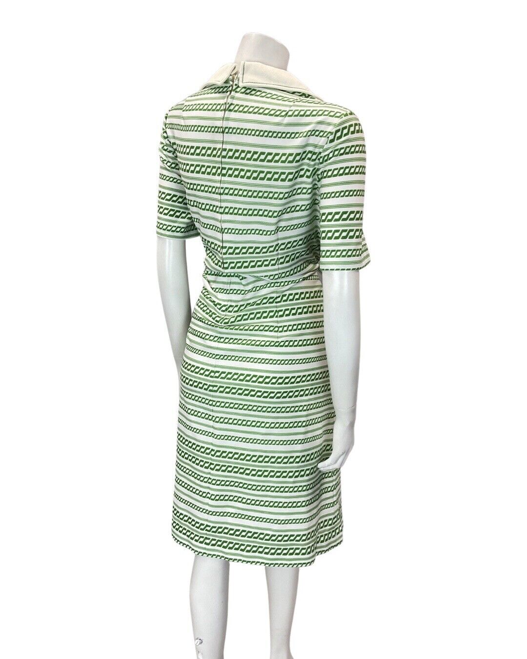 VINTAGE 60s 70s APPLE GREEN WHITE STRIPED MOD WING COLLAR SHIRT DRESS 14 16