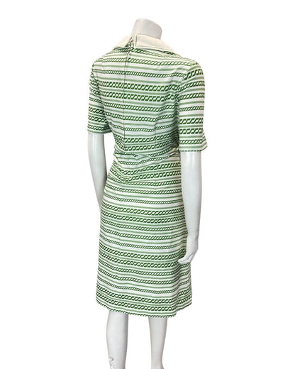 VINTAGE 60s 70s APPLE GREEN WHITE STRIPED MOD WING COLLAR SHIRT DRESS 14 16