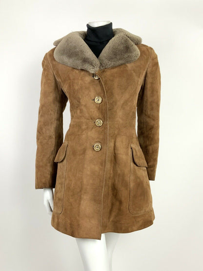 VTG 60s 70s CARAMEL BROWN GREY FAUX FUR SUEDE LEATHER BOHO SHEARLING COAT 10 12