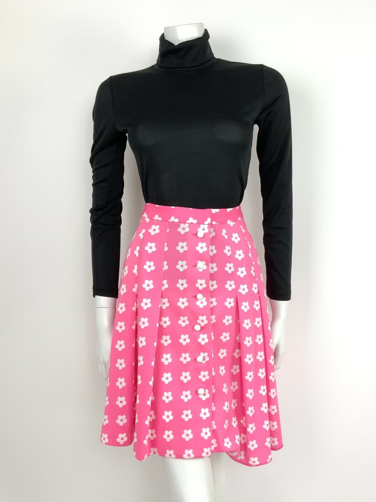 VINTAGE 60s 70s NEON PINK WHITE FLORAL PLEAT FLOWER A-LINE DAISY MOD SKIRT 10